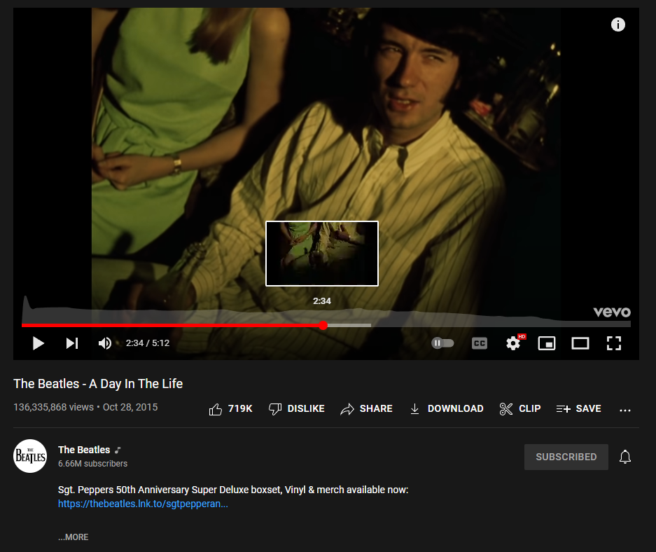 A screenshot of the music video of A Day in the Life of Beatles paused at 2:34.