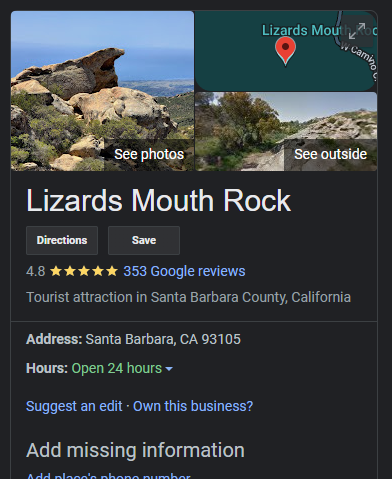 Google Maps screenshot of “Lizards Mouth Rock”