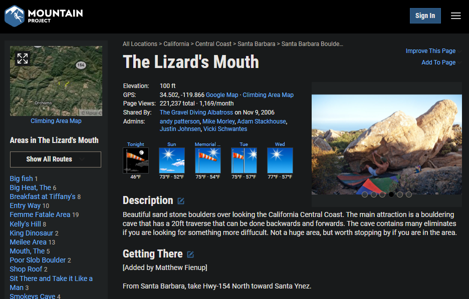 Entry of “The Lizard’s Mouth” on Mountain Project
