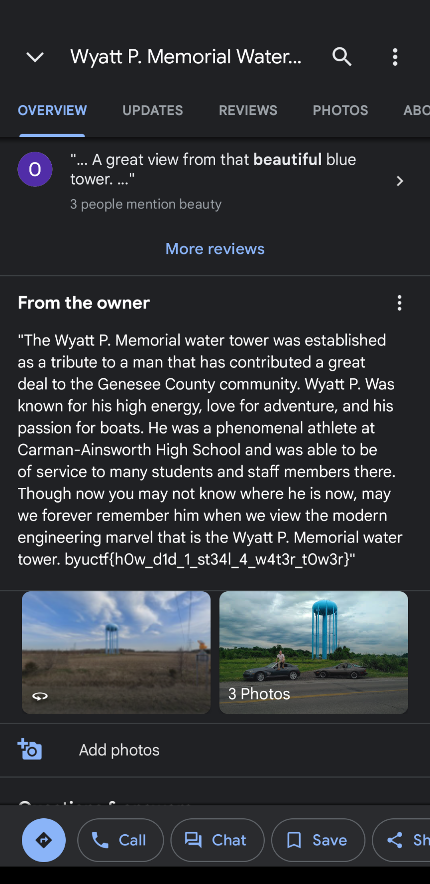 Screenshot of “Wyatt P. Memorial Water Tower” on Google Maps for Android