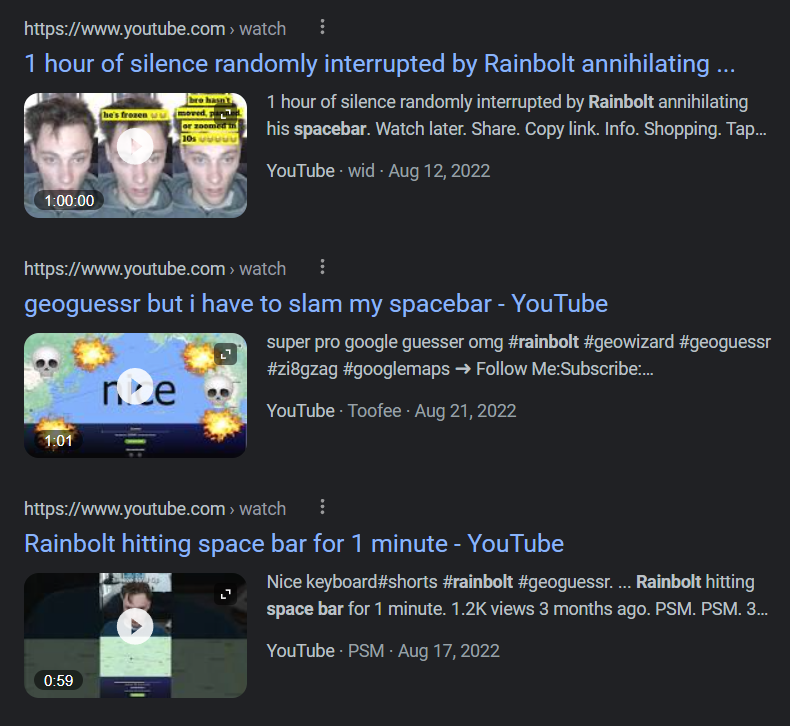 Google search for “rainbolt spacebar”