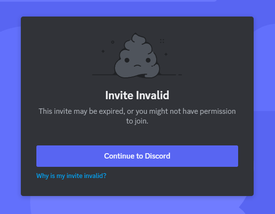 Screenshot of “Invite Invalid” message upon clicking Discord invite link