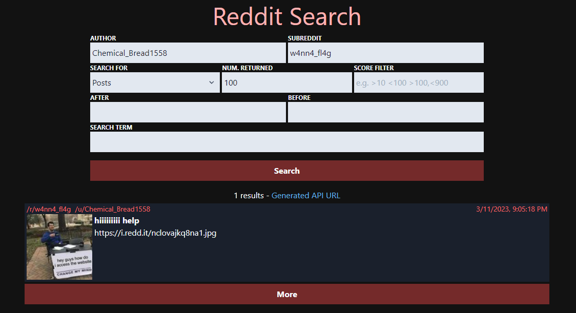 Screenshot of Unddit query for posts from user u/Chemical_Bread1558 in r/w4nn4_fl4g
